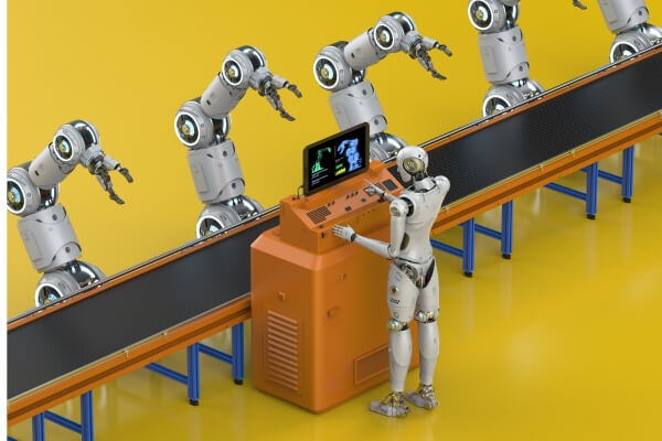 Robô trabalhando em uma fábrica, representando a automação no ambiente de trabalho.